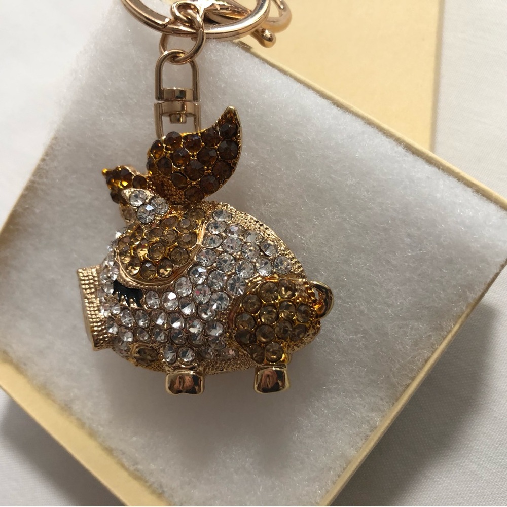 New Crystal Pig Keychain Charm in Gold and Amber - Picture 4 of 6